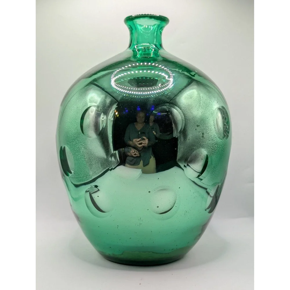 Vintage Uranium Mercury Emerald Green Blown Glass‎ Dimpled Vase MCM Decor 11.5